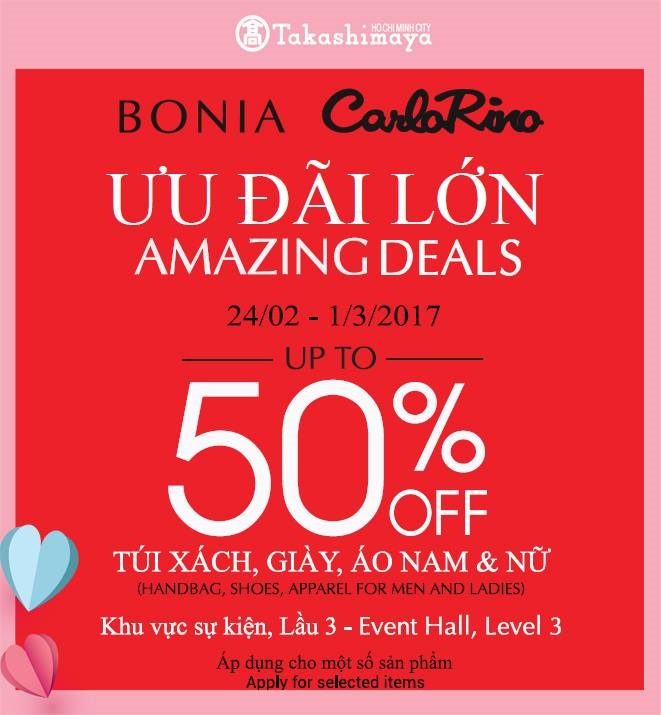 Từ ngày 24/02 – 01/03/2017, thời trang Bonia và Carlo Rino ưu đãi lớn, giảm giá đến 50% - Ảnh 1 Từ ngày 24/02 – 01/03/2017, thời trang Bonia và Carlo Rino ưu đãi lớn, giảm giá đến 50% - Ảnh 1
