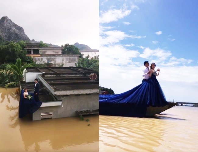 Giữa trận mưa lũ lịch sử, nước ngập sâu mấy mét, cặp đôi trẻ Ninh Bình vô tư leo lên nóc nhà để...chụp ảnh cưới - Ảnh 6