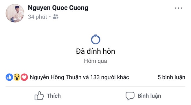 Cường Đô La thông báo 'đã đính hôn' với Đàm Thu Trang trên Facebook