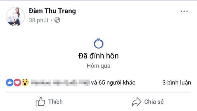 Cường Đô La thông báo 'đã đính hôn' với Đàm Thu Trang trên Facebook