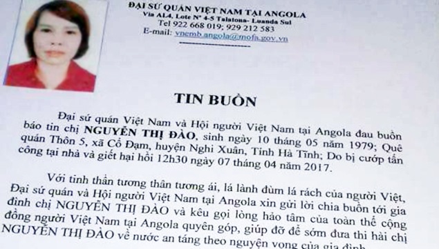 Nữ lao động Việt tại Angola bị cướp sát hại - Ảnh 1