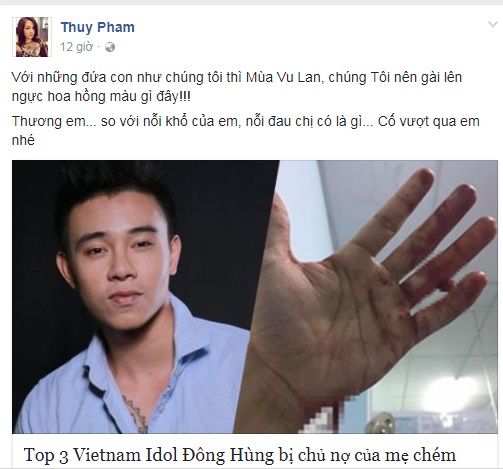 Vụ 'Đông Hùng - Top 3 Vietnam Idol 2014 bị chủ nợ chém vì mẹ ruột': Siêu mẫu Ngọc Thúy nói lời đồng cảm, buồn vì mùa Vu Lan đến không biết phải báo ân ai - Ảnh 1 Vụ 'Đông Hùng - Top 3 Vietnam Idol 2014 bị chủ nợ chém vì mẹ ruột': Siêu mẫu Ngọc Thúy nói lời đồng cảm, buồn vì mùa Vu Lan đến không biết phải báo ân ai - Ảnh 1
