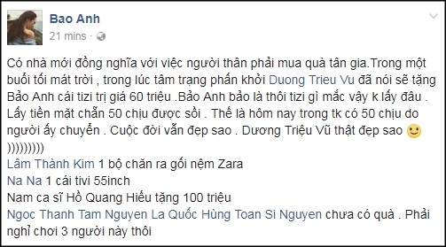 Sốc với số tiền 'khủng' mà Hồ Quang Hiếu, Dương Triệu Vũ mừng tân gia ca sĩ Bảo Anh - Ảnh 4