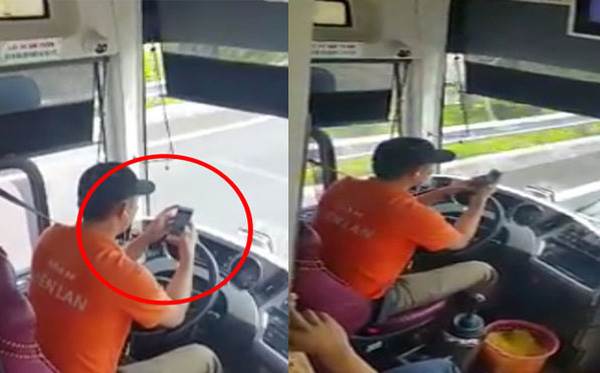 Tài xế xe khách vô tư lướt điện thoại khi đang chạy trên đường cao tốc - Ảnh 1