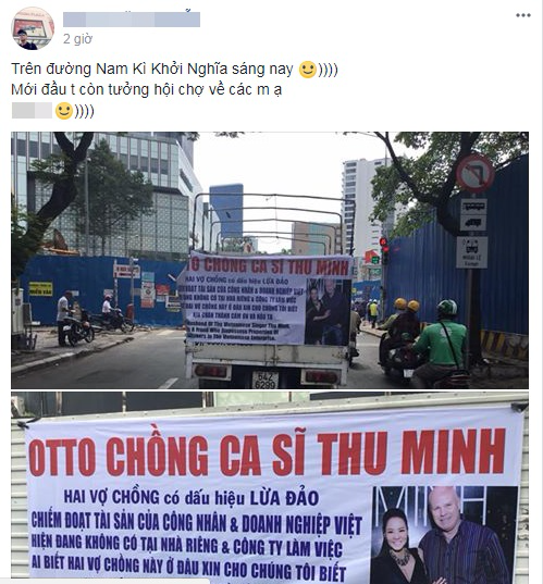 Ô tô treo banner tố chồng Thu Minh lừa đảo khắp đường phố Sài Gòn